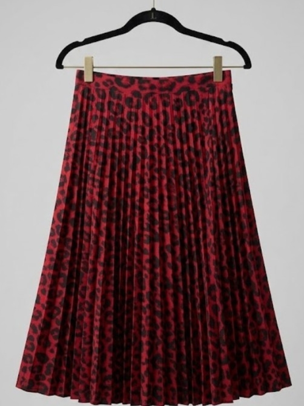 F&F Red and Black Leopard Print Pleated Midi Skirt (Sz 2 XS/S) Elastic Waist